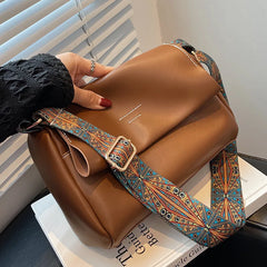 Women Crossbody Bag PU Leather Wide Strap Messenger Bags Female Solid Flap Purse