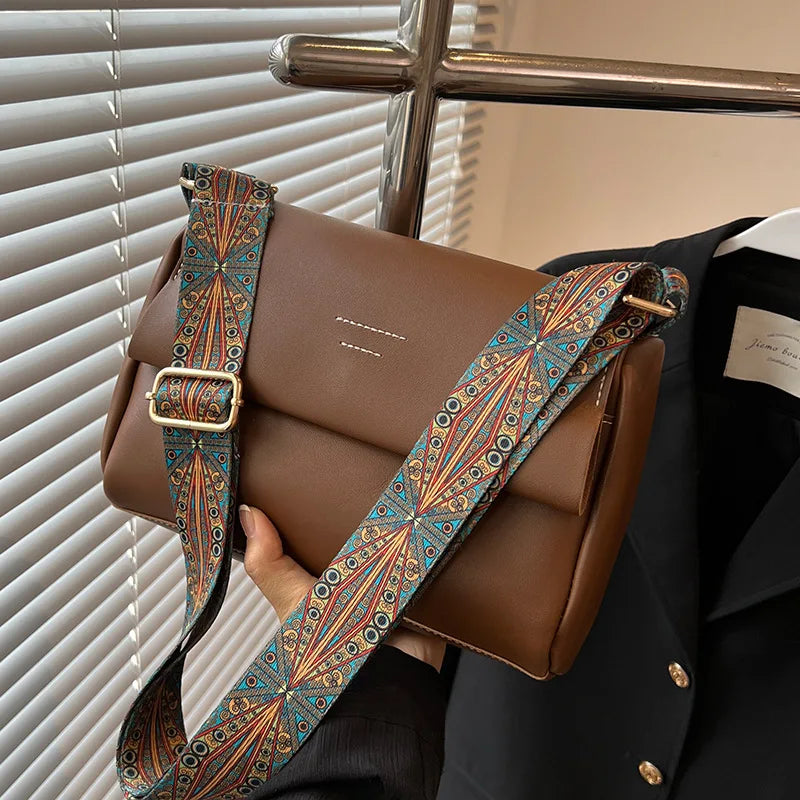 Women Crossbody Bag PU Leather Wide Strap Messenger Bags Female Solid Flap Purse