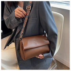 Women Crossbody Bag PU Leather Wide Strap Messenger Bags Female Solid Flap Purse