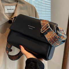 Women Crossbody Bag PU Leather Wide Strap Messenger Bags Female Solid Flap Purse