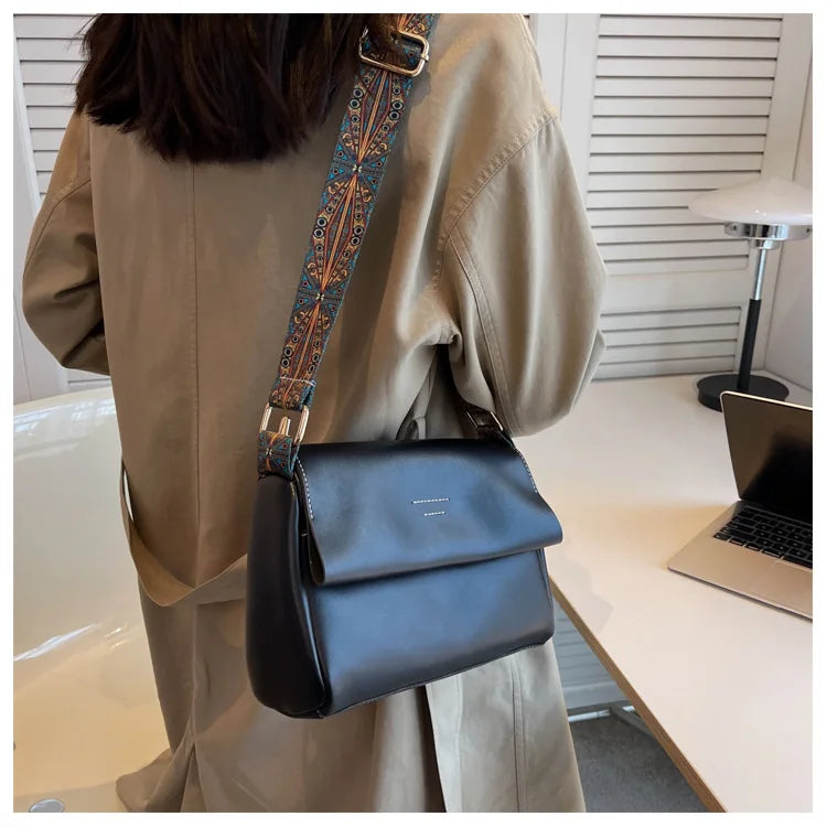 Women Crossbody Bag PU Leather Wide Strap Messenger Bags Female Solid Flap Purse