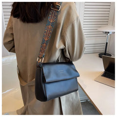 Women Crossbody Bag PU Leather Wide Strap Messenger Bags Female Solid Flap Purse