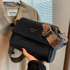 Women Crossbody Bag PU Leather Wide Strap Messenger Bags Female Solid Flap Purse