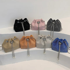 Women Diamonds Bucket Bag Pink Crossbody Chain Messenger Bag