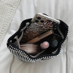 Women Diamonds Bucket Bag Pink Crossbody Chain Messenger Bag