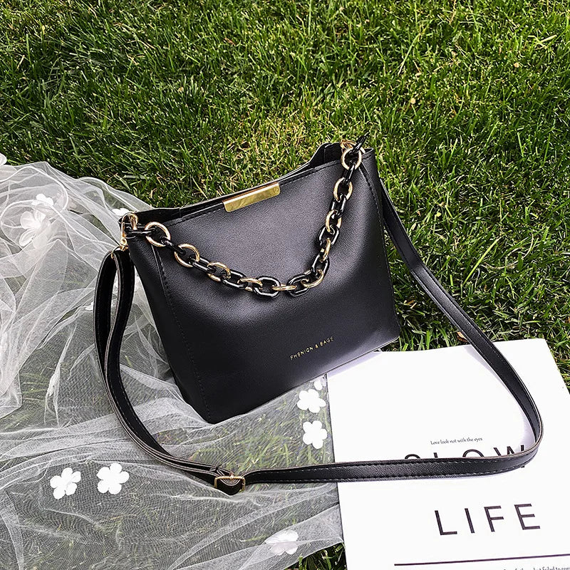 Women Shoulder Bag PU Leather Wild Solid Bucket Crossbody Pack Handbag