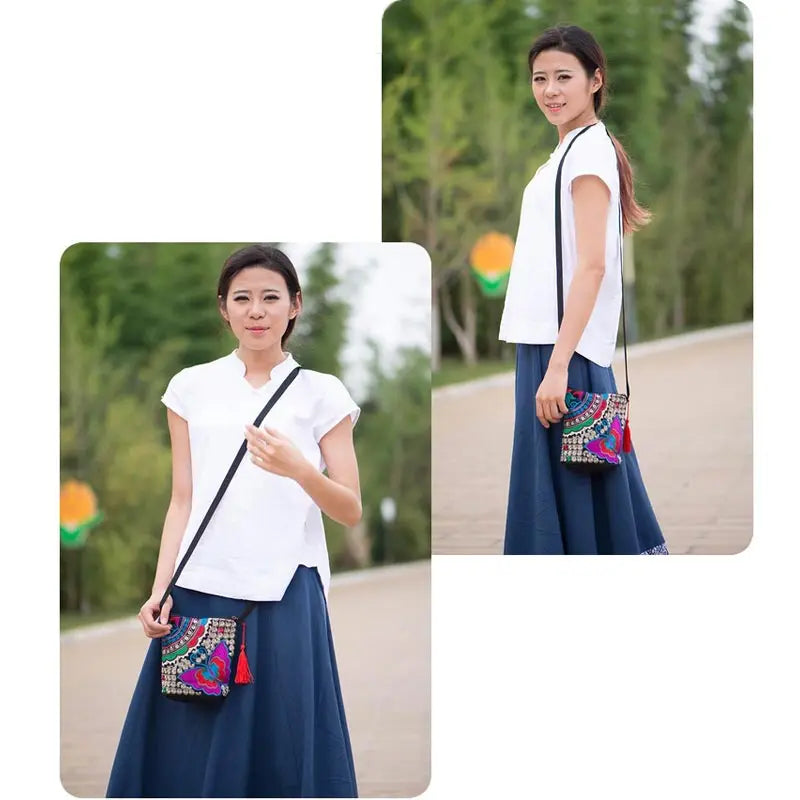 Women Ethnic Peony Min Shoulder Bag Embroidery Crossbody Handbag