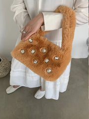 Faux Fur Handbags Rhinestone Totes Girl Plush Bags