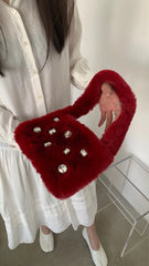 Faux Fur Handbags Rhinestone Totes Girl Plush Bags