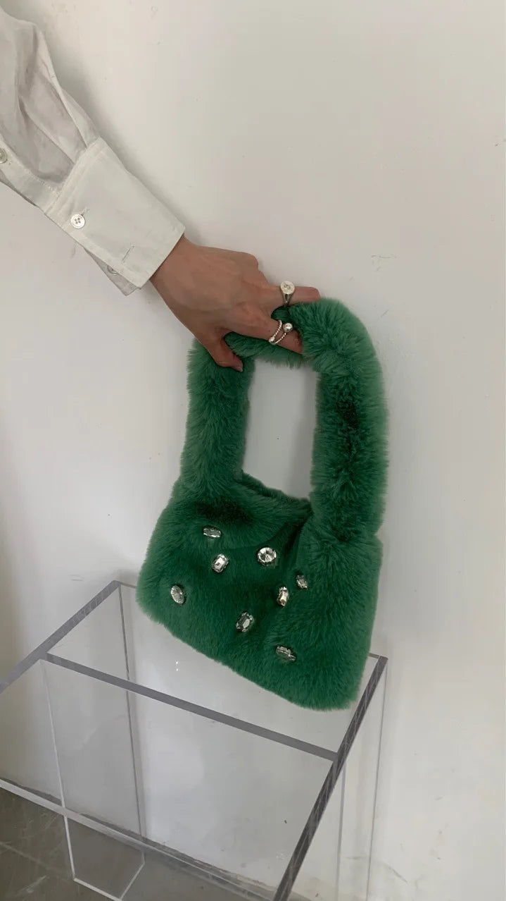Faux Fur Handbags Rhinestone Totes Girl Plush Bags