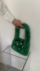 Faux Fur Handbags Rhinestone Totes Girl Plush Bags