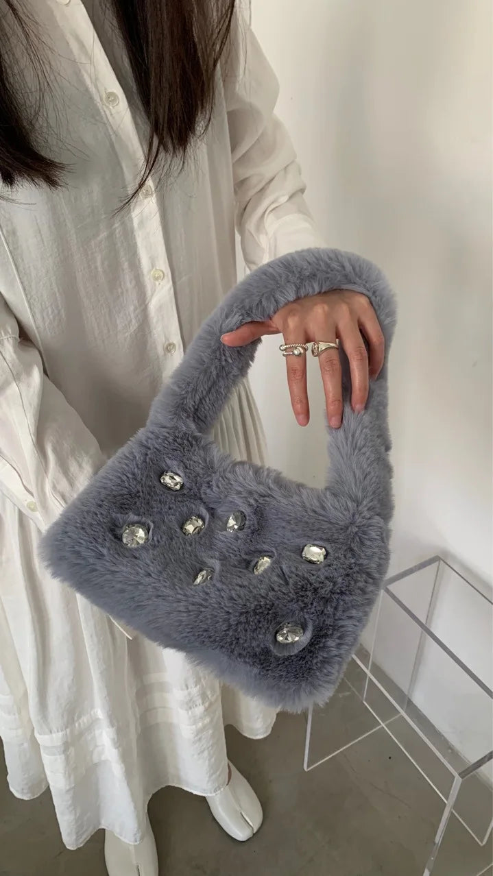 Faux Fur Handbags Rhinestone Totes Girl Plush Bags