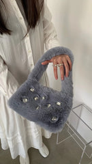 Faux Fur Handbags Rhinestone Totes Girl Plush Bags