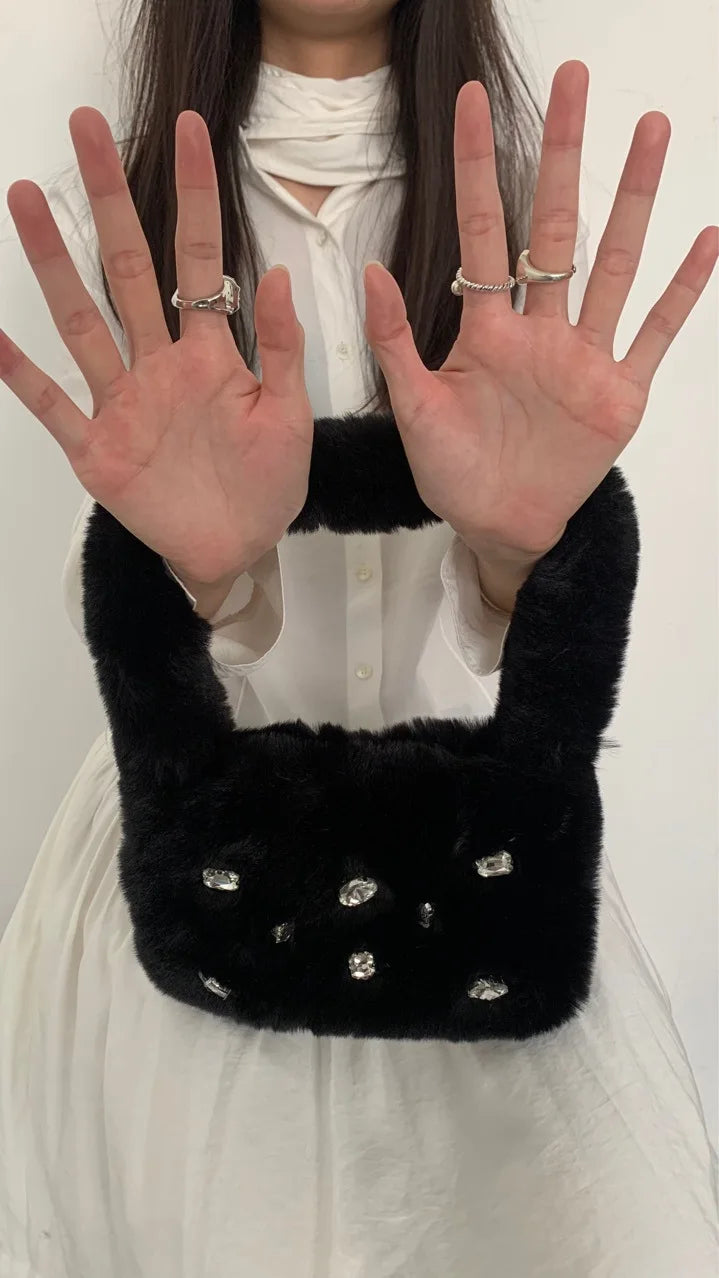Faux Fur Handbags Rhinestone Totes Girl Plush Bags