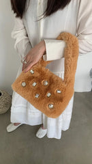 Faux Fur Handbags Rhinestone Totes Girl Plush Bags