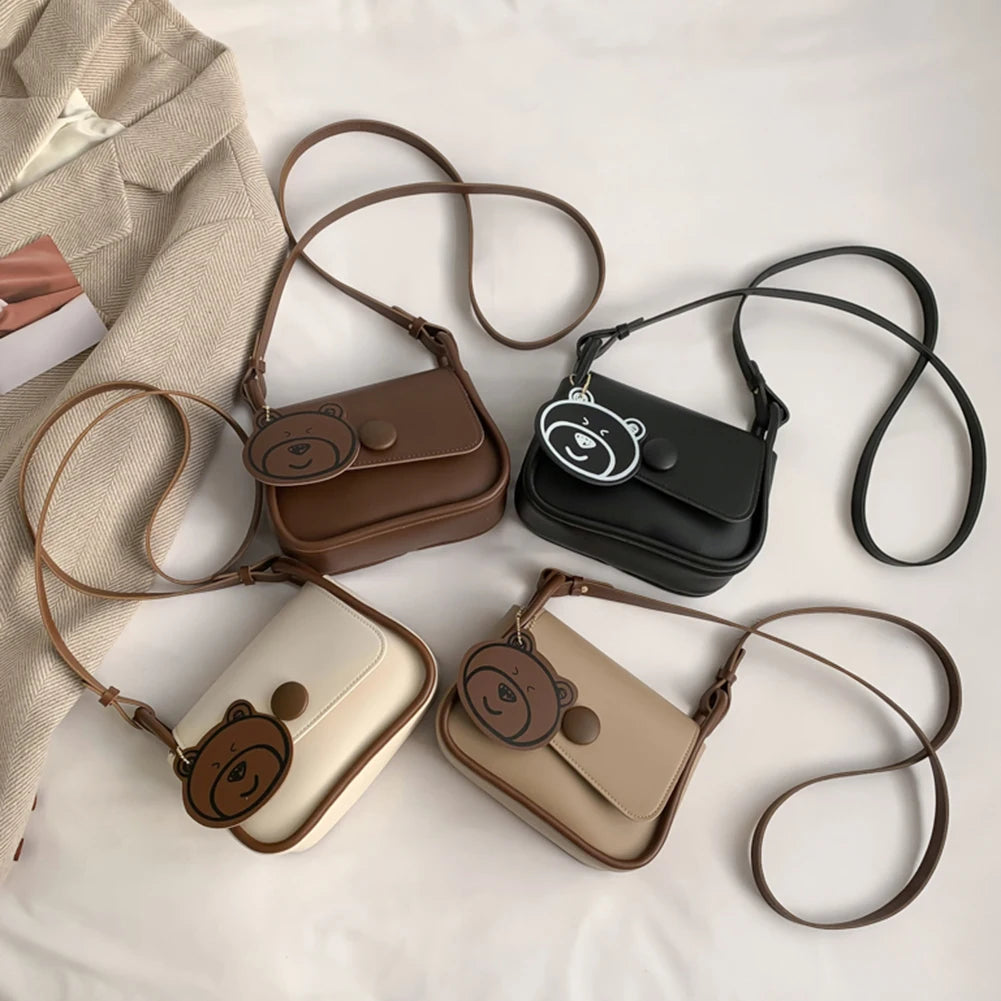 Women Tote Bag Portable PU Leather Hand Bag Lightweight with Bear Pendant