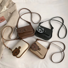 Women Tote Bag Portable PU Leather Hand Bag Lightweight with Bear Pendant
