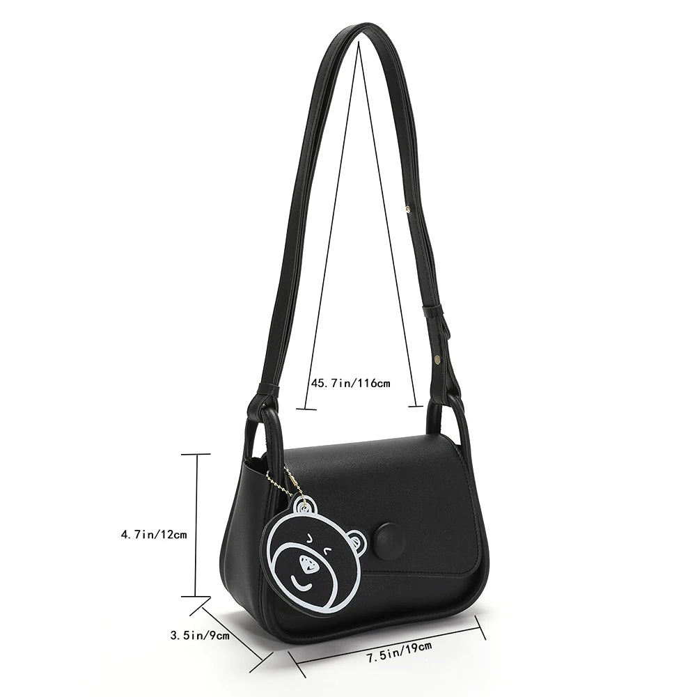 Women Tote Bag Portable PU Leather Hand Bag Lightweight with Bear Pendant