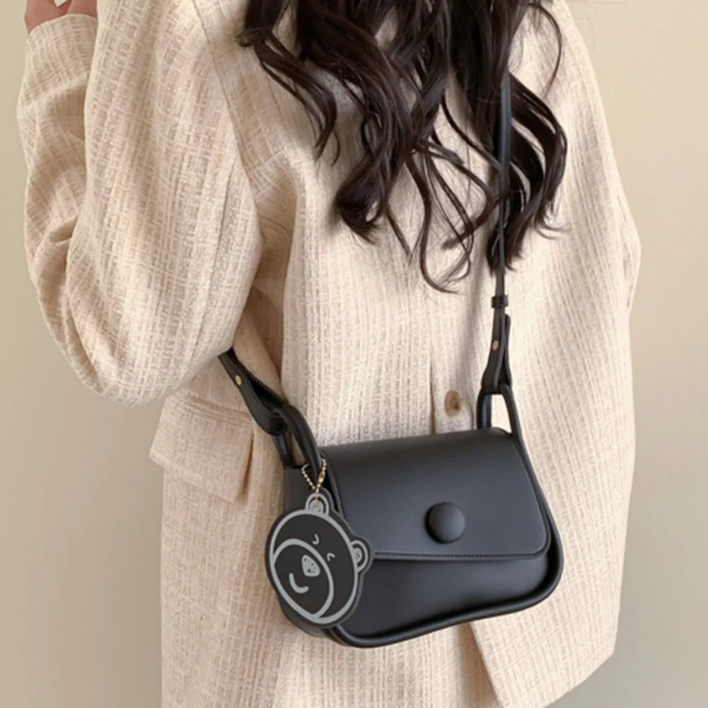 Women Tote Bag Portable PU Leather Hand Bag Lightweight with Bear Pendant
