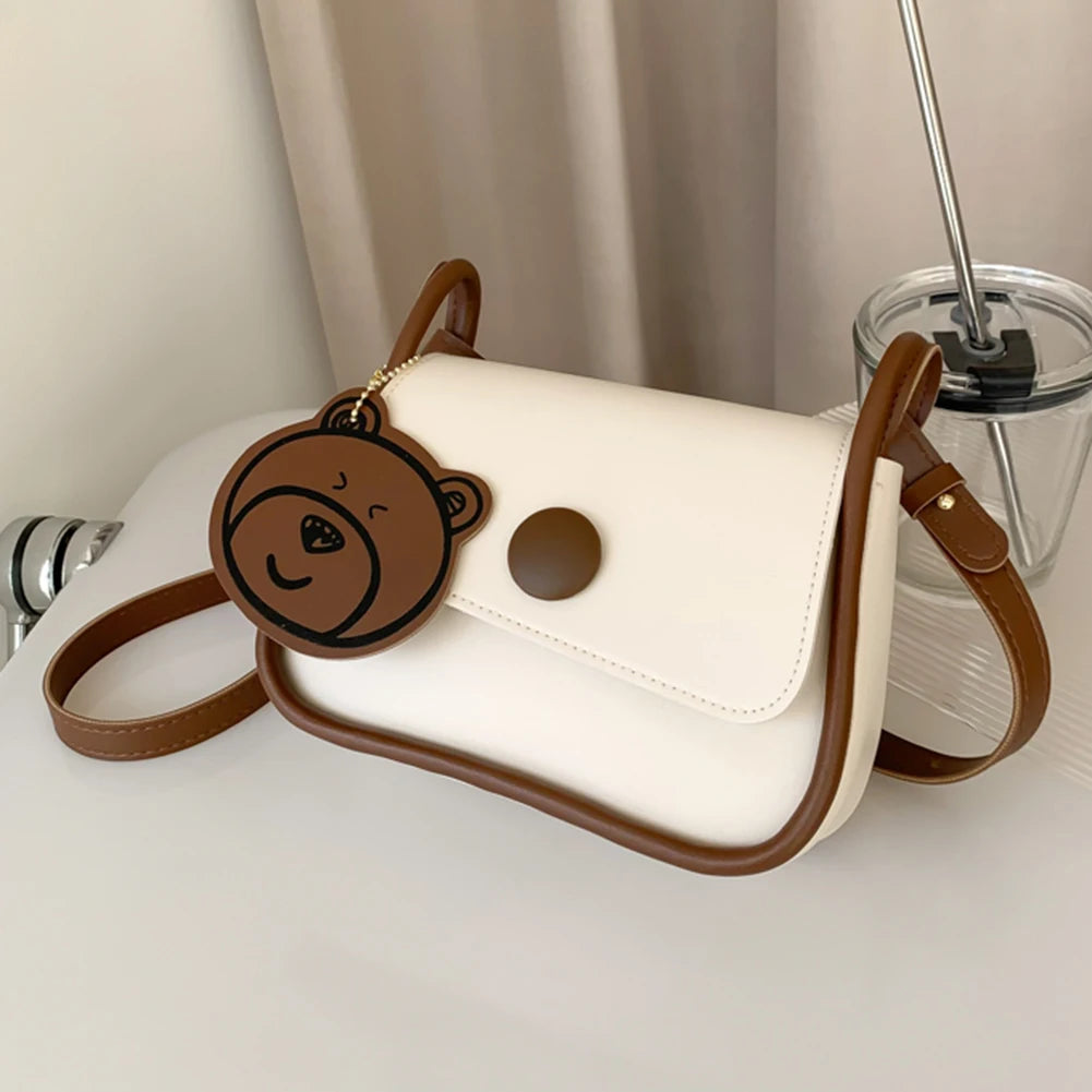 Women Tote Bag with Bear Pendant PU Leather Soft Solid for Vacation