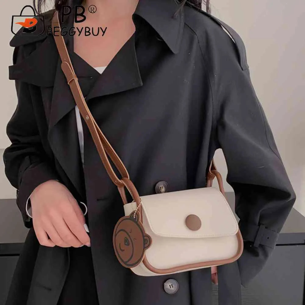 Women Tote Bag with Bear Pendant PU Leather Soft Solid for Vacation