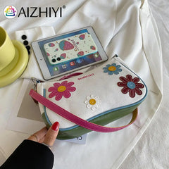 Women Flower Patchwork Canvas Shoulder Bag Casual Small Handbag Purse
