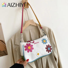 Women Flower Patchwork Canvas Shoulder Bag Casual Small Handbag Purse