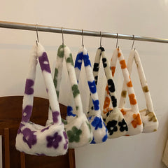Flower Print Shoulder Bag Soft Plush Handbag Small Tote
