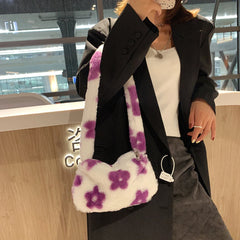 Flower Print Shoulder Bag Soft Plush Handbag Small Tote