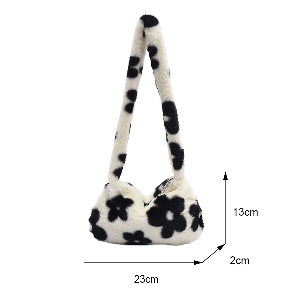 Flower Print Shoulder Bag Soft Plush Handbag Small Tote