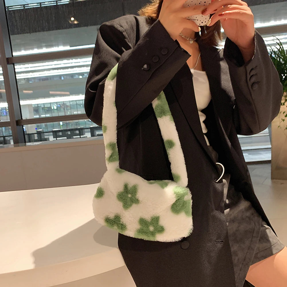 Flower Print Shoulder Bag Soft Plush Handbag Small Tote