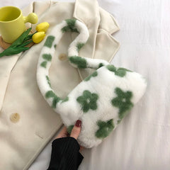 Flower Print Shoulder Bag Soft Plush Handbag Small Tote