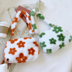 Women Flowers Print Shoulder Bag Winter Soft Plush Underarm Bags