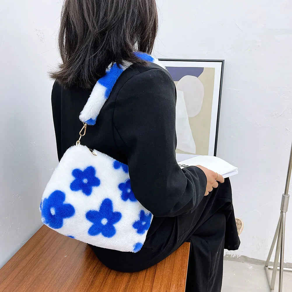 Women Flowers Print Shoulder Bag Winter Soft Plush Underarm Bags