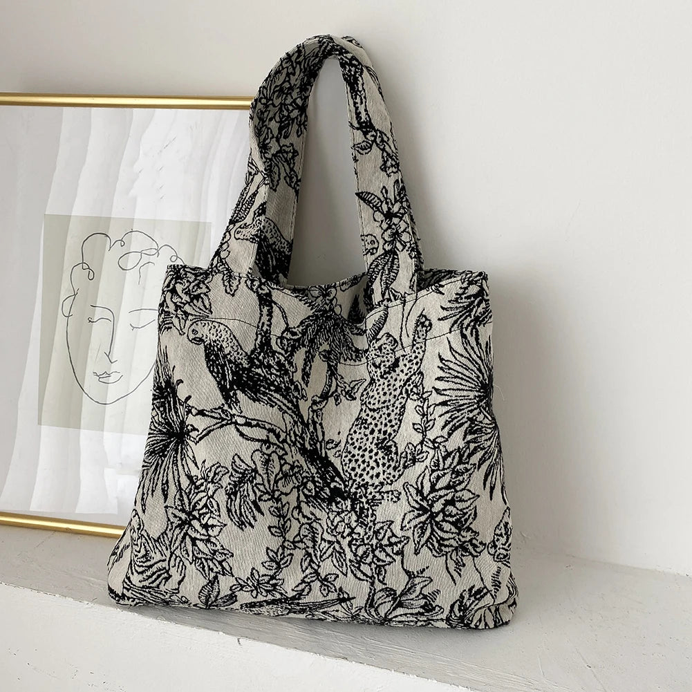 Women Forest Jacquard Canvas Shoulder Shopping Bag Casual Ladies Large Capacity