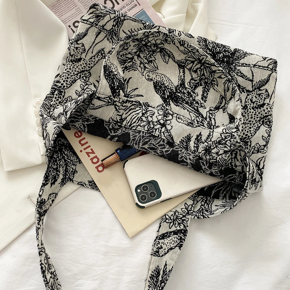 Women Forest Jacquard Canvas Shoulder Shopping Bag Casual Ladies Large Capacity