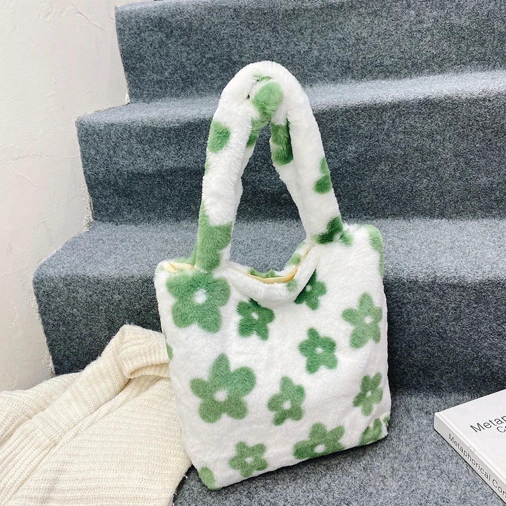 Green Flower Print Plush Shoulder Bag Winter Faux Fur Bucket Tote