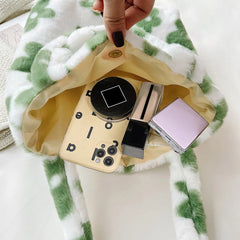 Green Flower Print Plush Shoulder Bag Winter Faux Fur Bucket Tote
