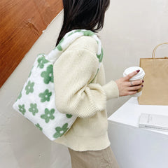 Green Flower Print Plush Shoulder Bag Winter Faux Fur Bucket Tote