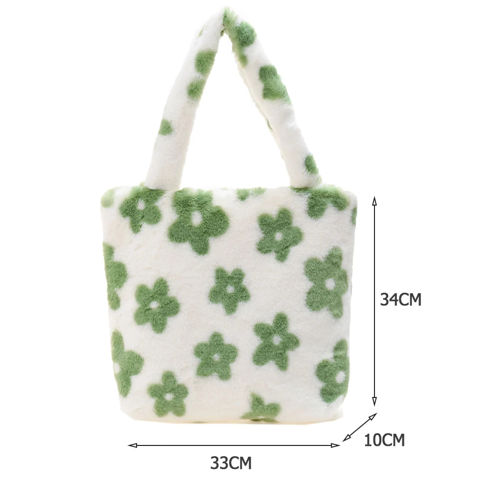 Green Flower Print Plush Shoulder Bag Winter Faux Fur Bucket Tote