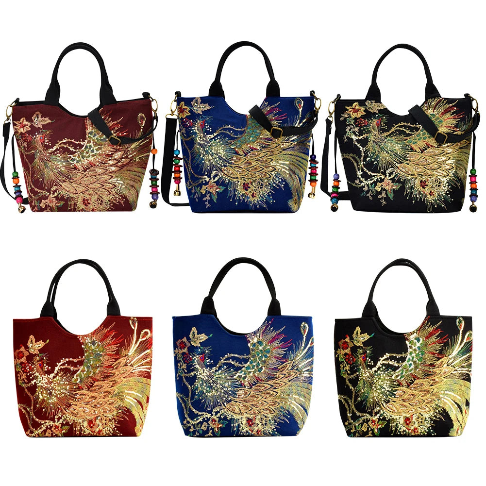 Peafowl Embroidery Canvas Top-Handle Bag