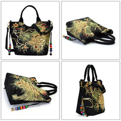 Peafowl Embroidery Canvas Top-Handle Bag