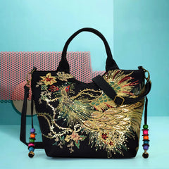 Peafowl Embroidery Canvas Top-Handle Bag