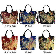 Peafowl Embroidery Canvas Top-Handle Bag