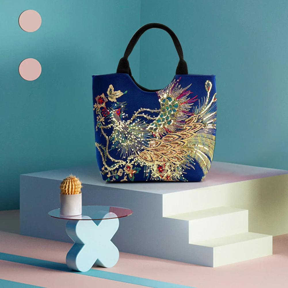 Peafowl Embroidery Canvas Top-Handle Bag