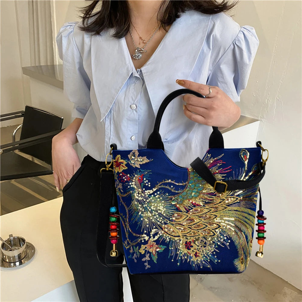 Peafowl Embroidery Canvas Top-Handle Bag