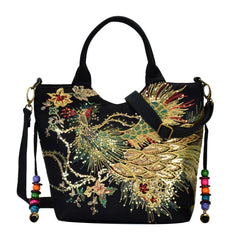 Peafowl Embroidery Canvas Top-Handle Bag