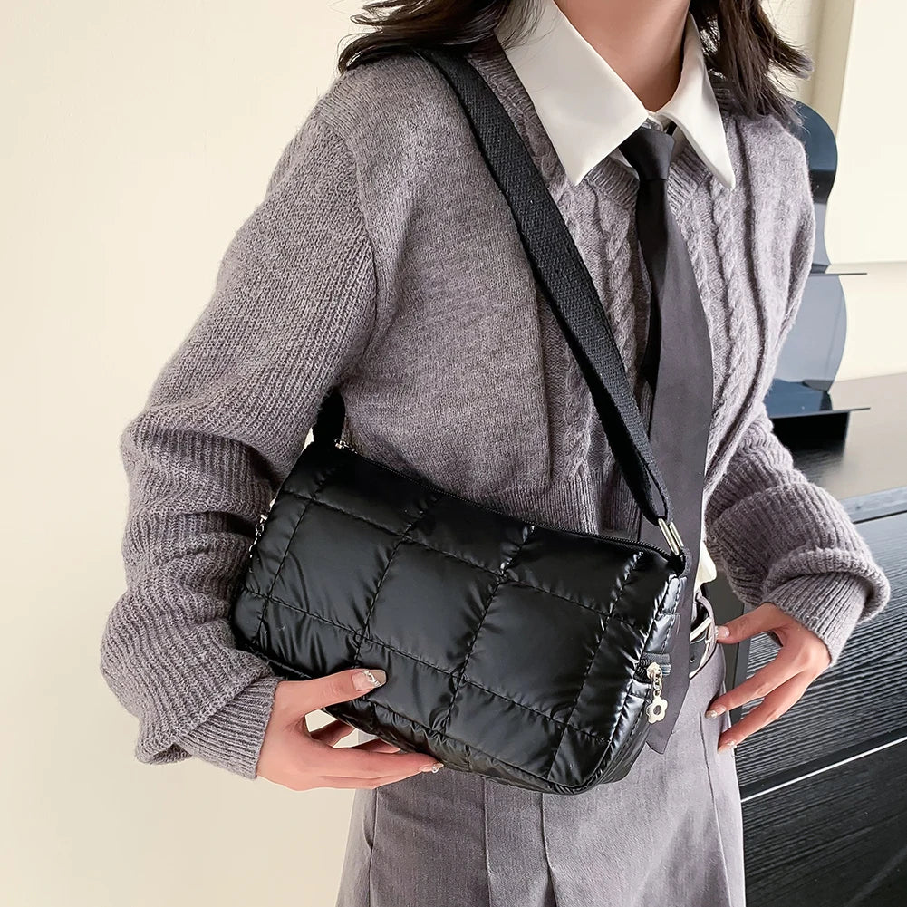 Quilted Check Winter Ladies Shopper Bag Casual Shoulder Bag Nylon Messenger Bags