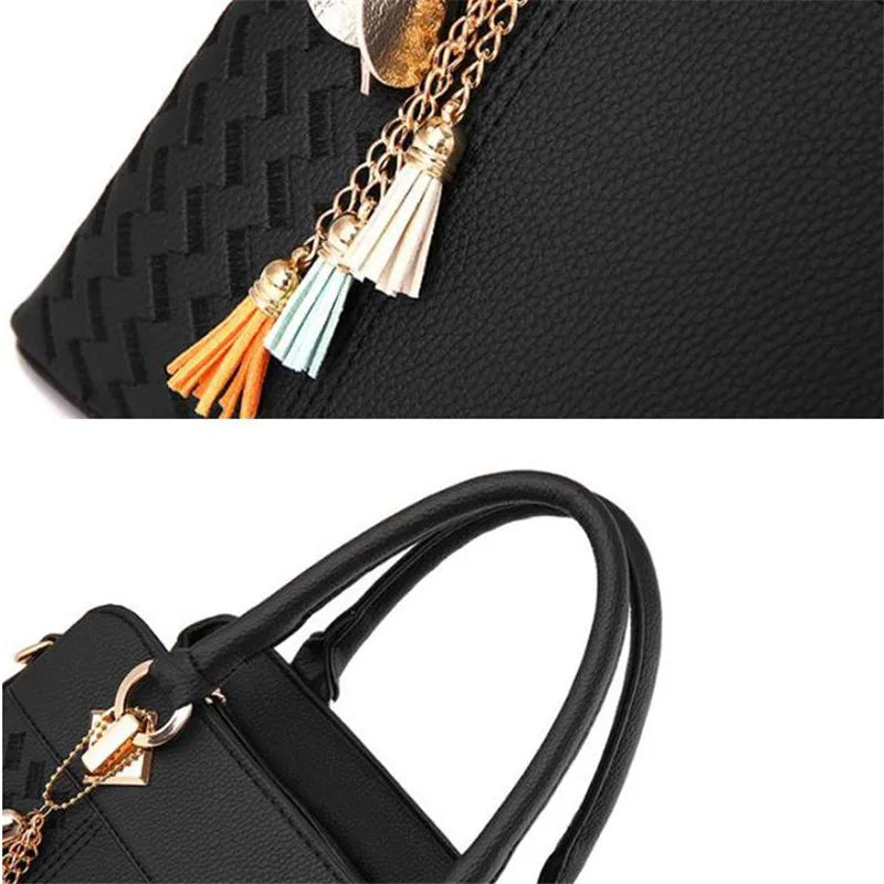 Tassel PU Leather Totes Bag Top-Handle Embroidery Crossbody Bag