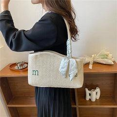 Women Straw Woven Bag Irregular Letters Weave Shoulder Bag with Scarf